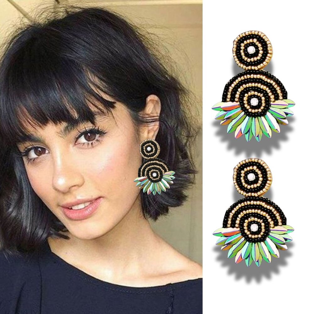 NEW Seed Beaded Gold Black Fan Sequin Boho Earrings